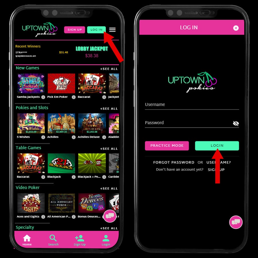 Uptown Pokies Casino Login screenshot