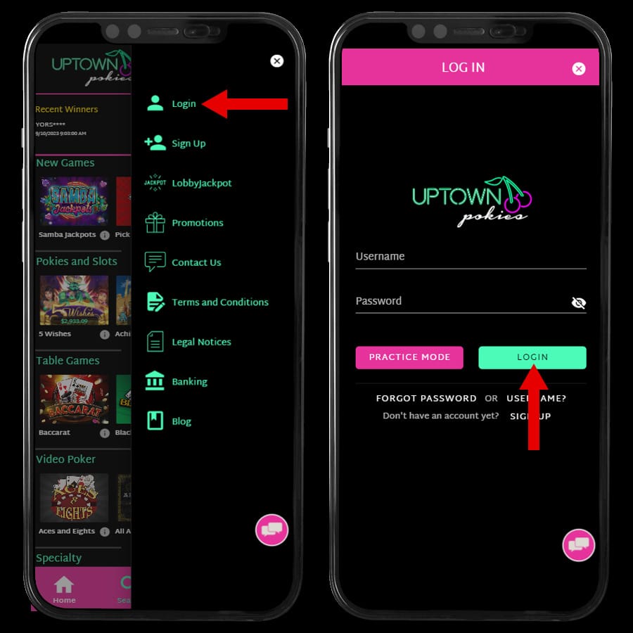 Uptown Pokies Casino Login screenshot